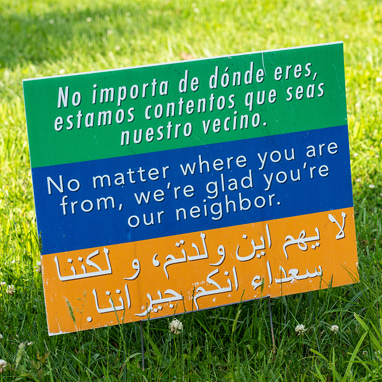 Refugee welcome sign